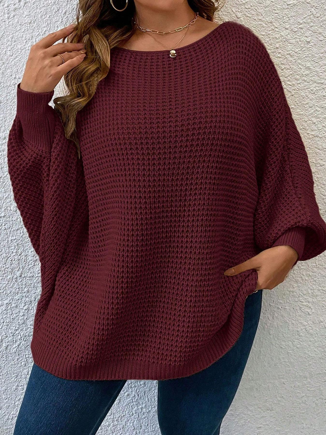 Lune Plus Size Oversized Batwing Sleeve Pullover Sweater, Comfortable Warm Knitwear for Women, Fashionable Winter Trendy Sweater