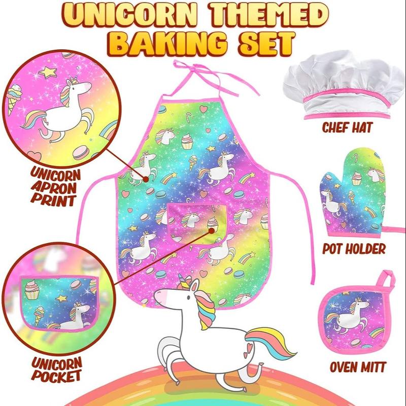 Unicorn Apron Set with Gloves Chef Hat and Baking Tools, Polyester Kitchen Apron, Perfect Holiday Gift, Colorful Chef Clothing Set