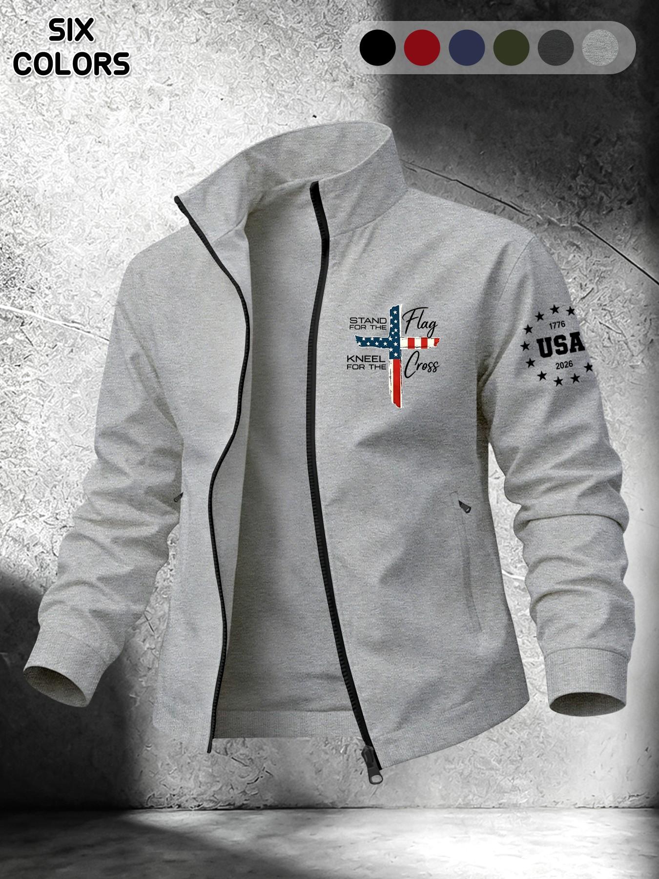 Men's Spring Summer Lightweight Stand Collar Long Sleeve Casual Jacket, American Flag Cross Faith Print, Dual Zipper Pockets, Daily Commute Outdoor Wear
