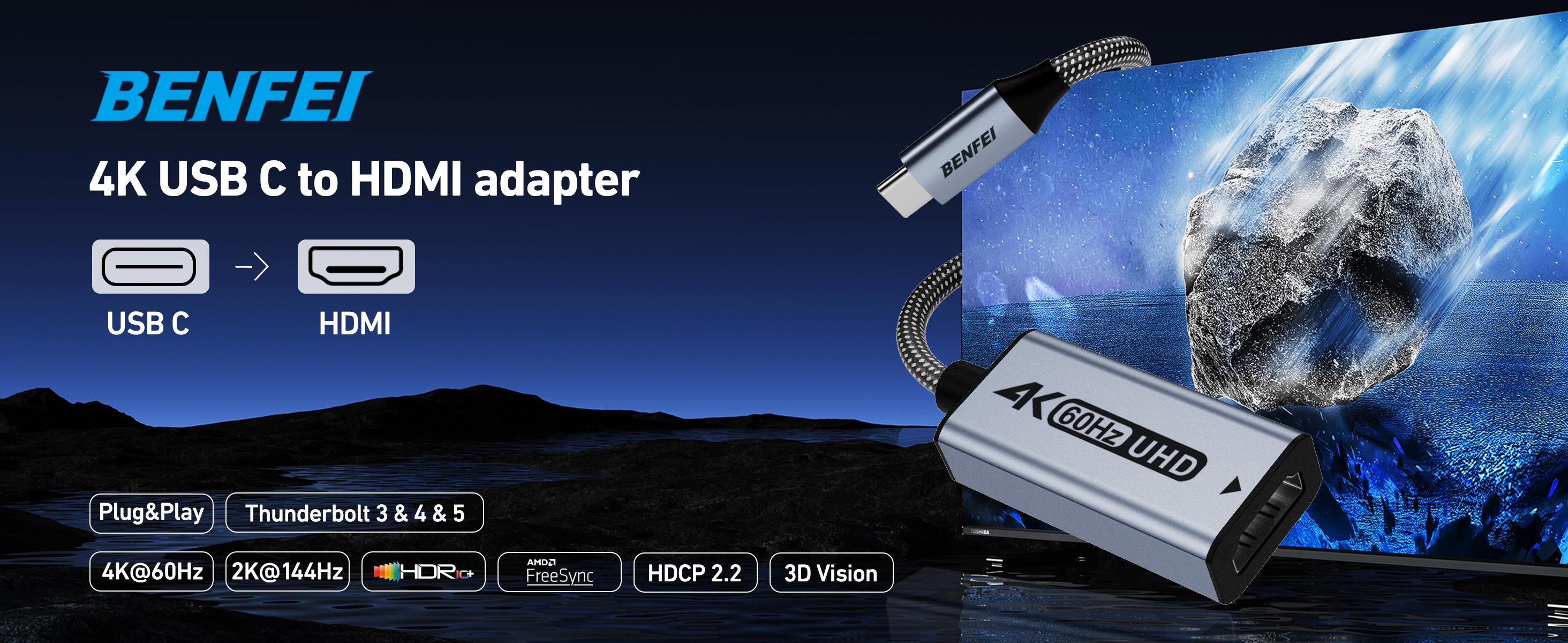 BENFEI USB C to HDMI Adapter 4K@60Hz, USB Type-C to HDMI Adapter [Thunderbolt 3/4/5 Compatible] with iPhone 15 Pro/Max, MacBook Pro/Air 2023, iPad Pro, iMac, S23, XPS 17, Surface Book