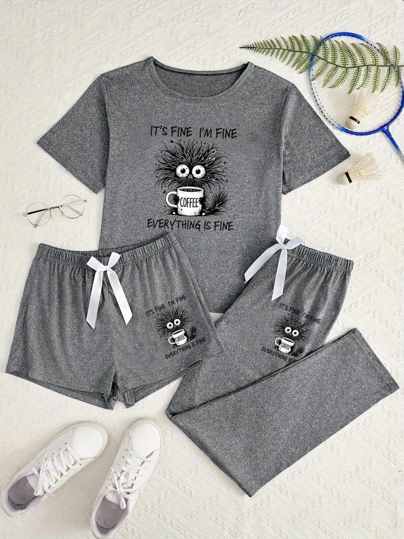 Women's 3-Piece Pajama Set, Sleepwear, Humorous Cat Theme, Coffee Pattern, Comfortable Home Wear, Loungewear Outfit, Slim-Fitting, All Seasons, Casual Style