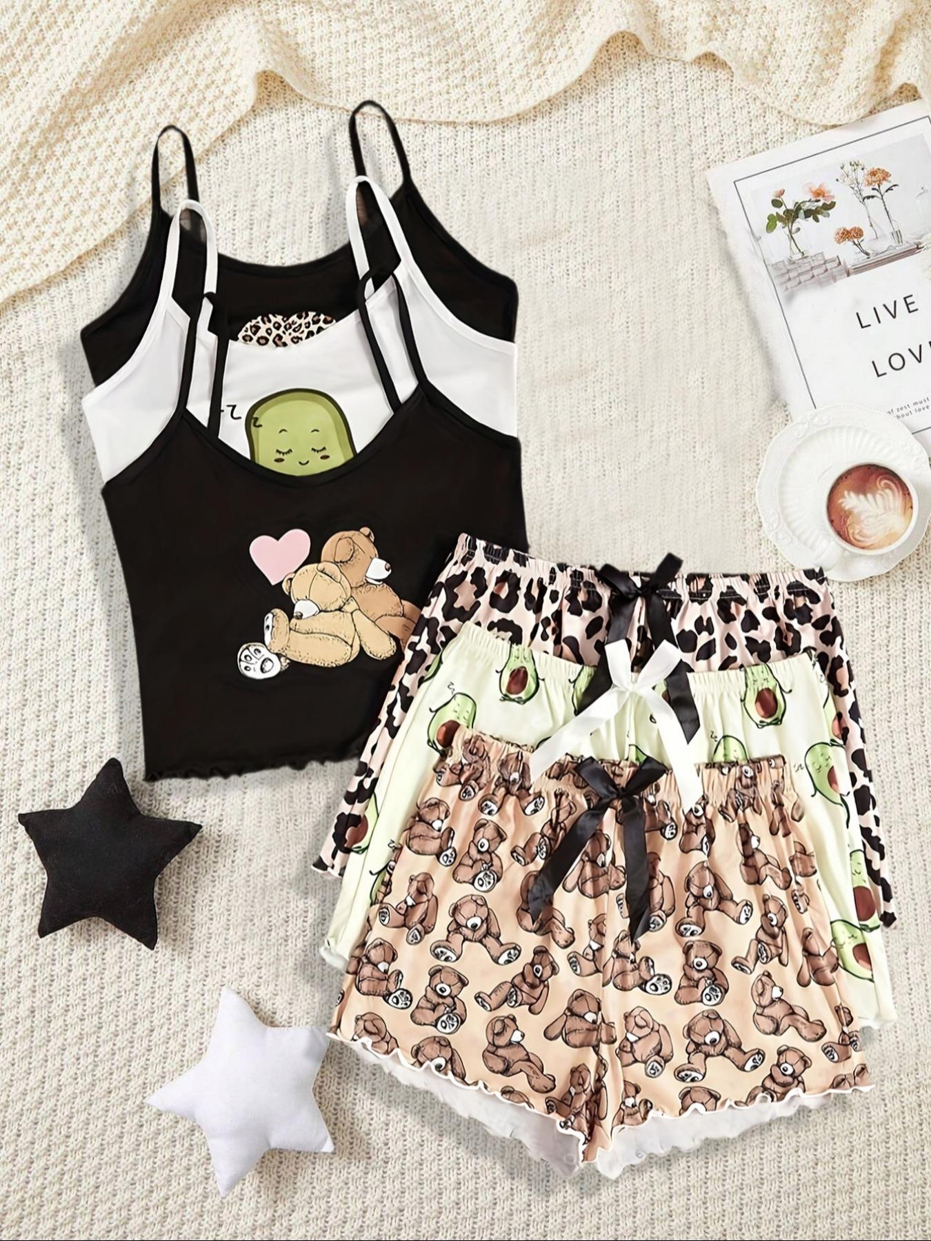 Women's 3-Piece Teddy Bear Avocado Leopard Print Sleepwear Set, Soft Cotton Lounge Wear, Comfortable Home for Women