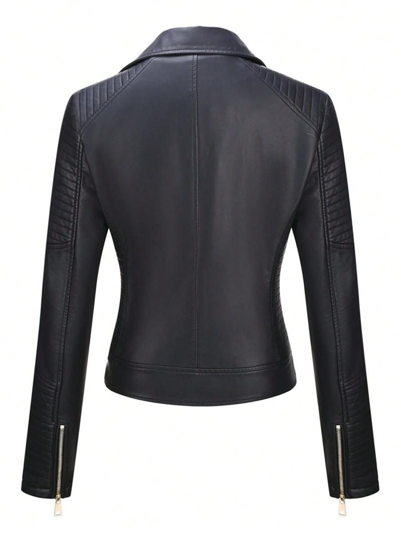 Women's Plus Size Plain PU Jacket with Zipper, Casual Fitted Outerwear for Spring & Fall