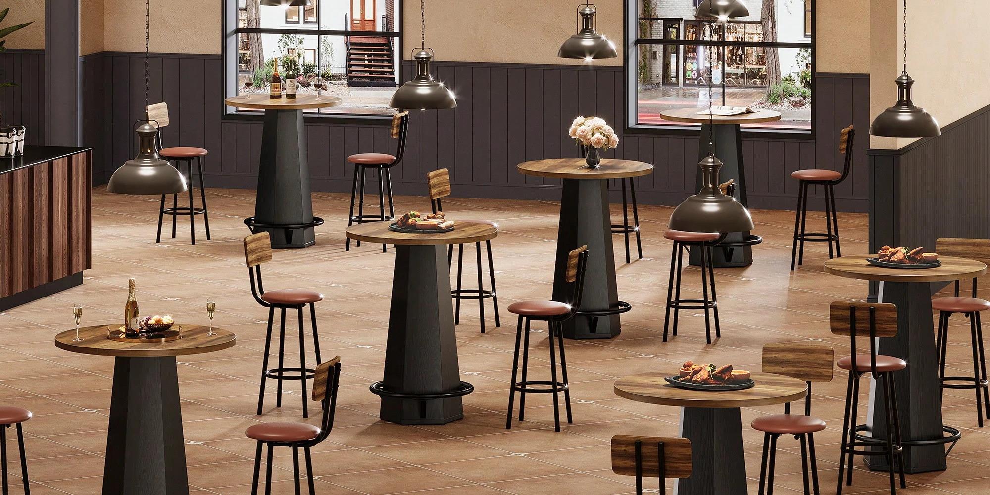 Round Counter Height Bar Table 31.5 Inch, Bistro Pub Table with Footrest, Brown & Black Small Space Table, Perfect for Kitchen Home Bar Cafe Studio Lounge Furniture
