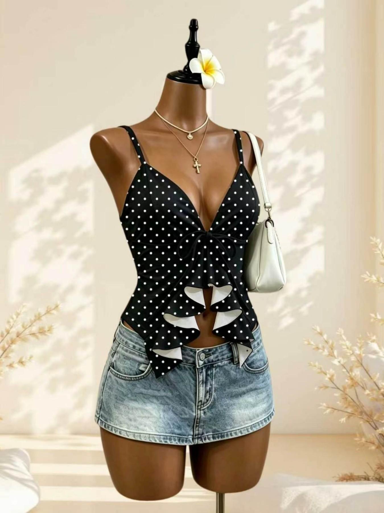 Deep V Strapless Top with Ruffle Hem, Slim-Fit Short Sleeve Design, Accentuates Waistline, Perfect for Summer Wear, Crop Tops