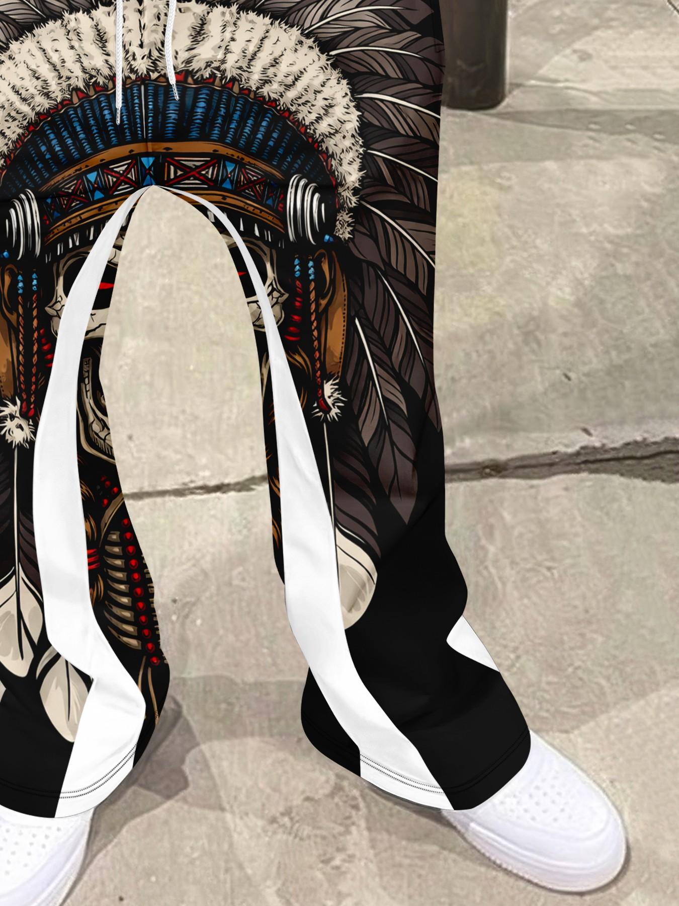 Men's Fashion Jogger Pants with Native American Skull Pattern, Fitted Casual Sportswear, All Seasons, Geometric Print, Sporty Comfy Breathable