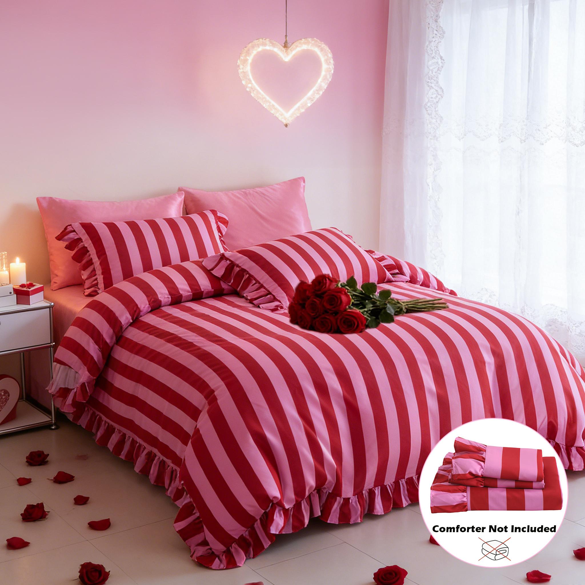 Striped Print Ruffled Soft Bedding Set, Includes 1 Duvet Cover + 2 Pillowcases, Inserts Not Included Stylish Cozy Bedding for Couple Bedroom, Ideal Valentine's Day Gift