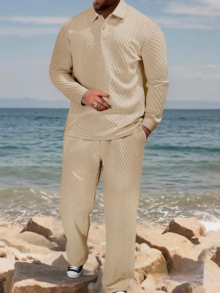 Men's Textured Long Sleeve Polo Shirt & Drawstring Pants Set, Casual Fitted Design, All-Season Wear, Comfortable Fit Men's Textured Long Sleeve Polo Shirt & Drawstring Pants Set, Casual Fitted Design, All-Season Wear, Comfortable Fit