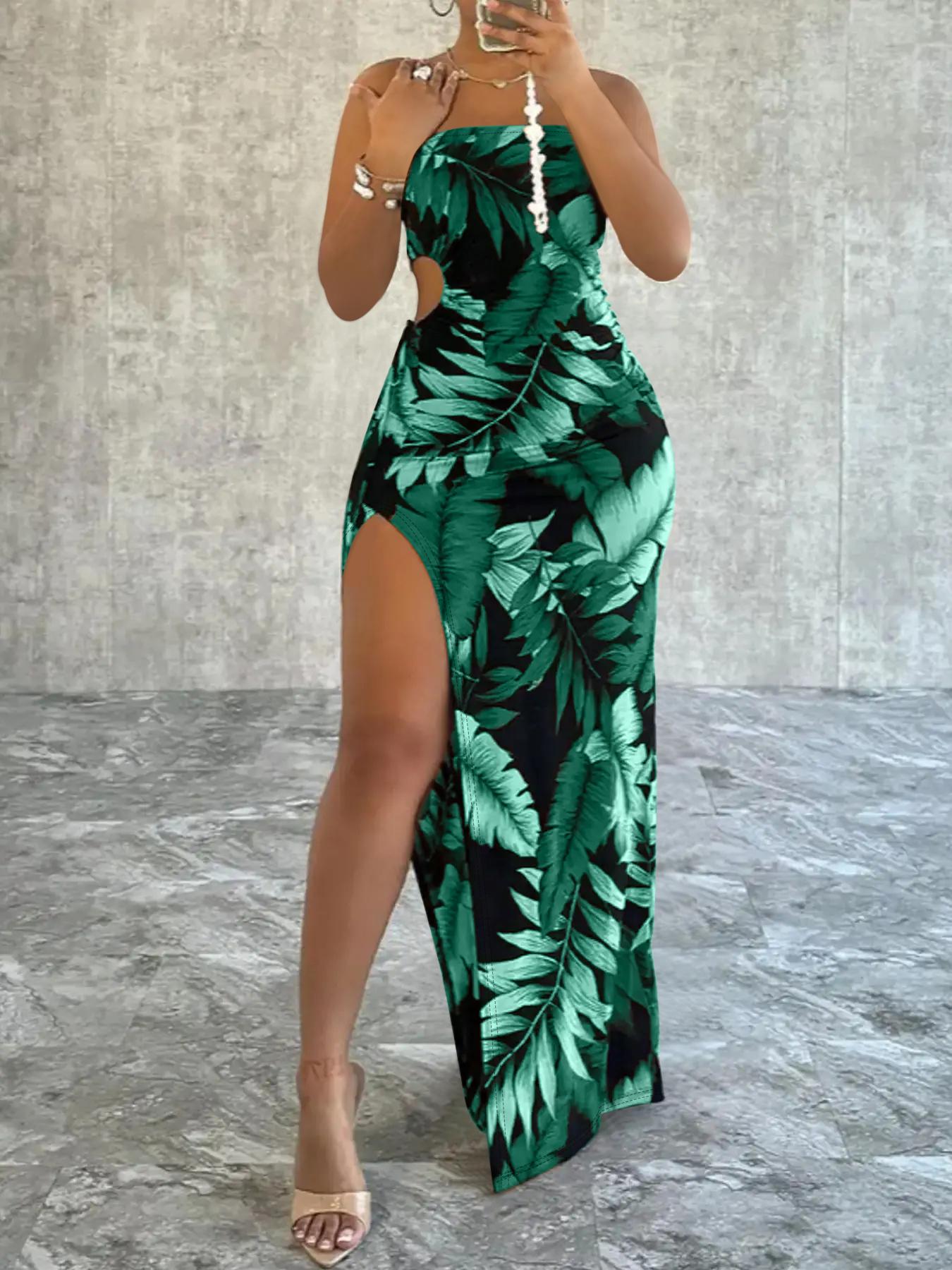 Women's Leaf Print Split Thigh Bodycon Dress, No Drawers Sundress, Mufti Clothes, Fit Sleeveless Cut Out Ruched Maxi Sun Dress, Fashion Women's Knitted Dress for Beach Holiday, Flattering Sleeveless Brown Womenswear, Lady Casual Fashionable Dress