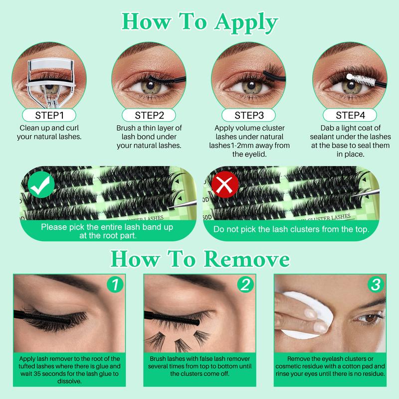 1664pcs/set D Curl Lash Clusters Kit, 12 Styles Cat-Eye & Volume Lashes Book with Bond and Seal, Lash Remover, Brush, Applicator, Headband, Wristband & Lash Shampoo, Perfect for Beginners & Professionals, DIY Eyelash Extensions at Home Easily
