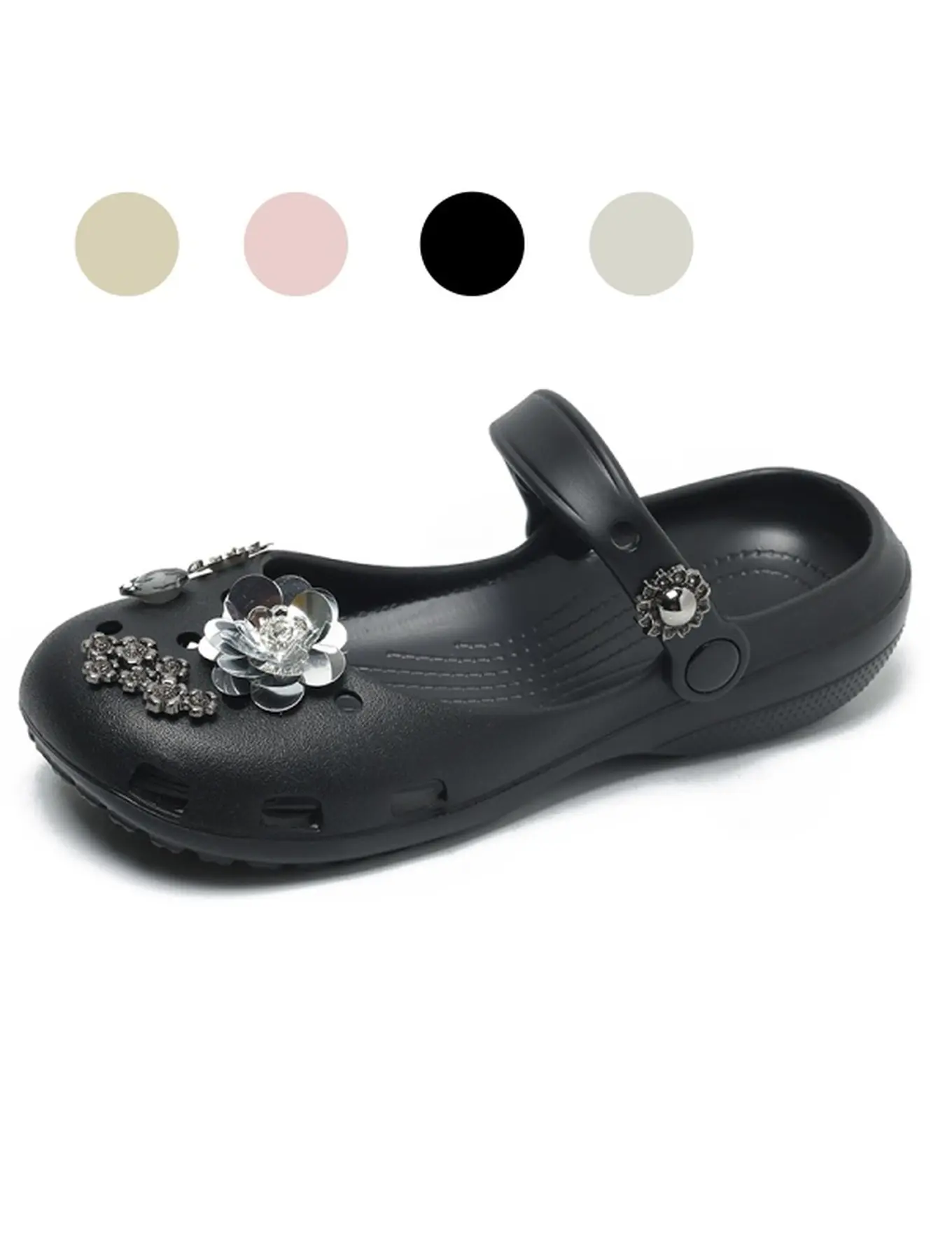 Women's Dark Style Rhinestone Mary Jane Clog Sandals, Roomy Round Toe Box, One-Piece Waterproof Easy-Clean Material, Textured Anti-Slip Flat Outsole, Wearable For Summer Outings And Indoor Use