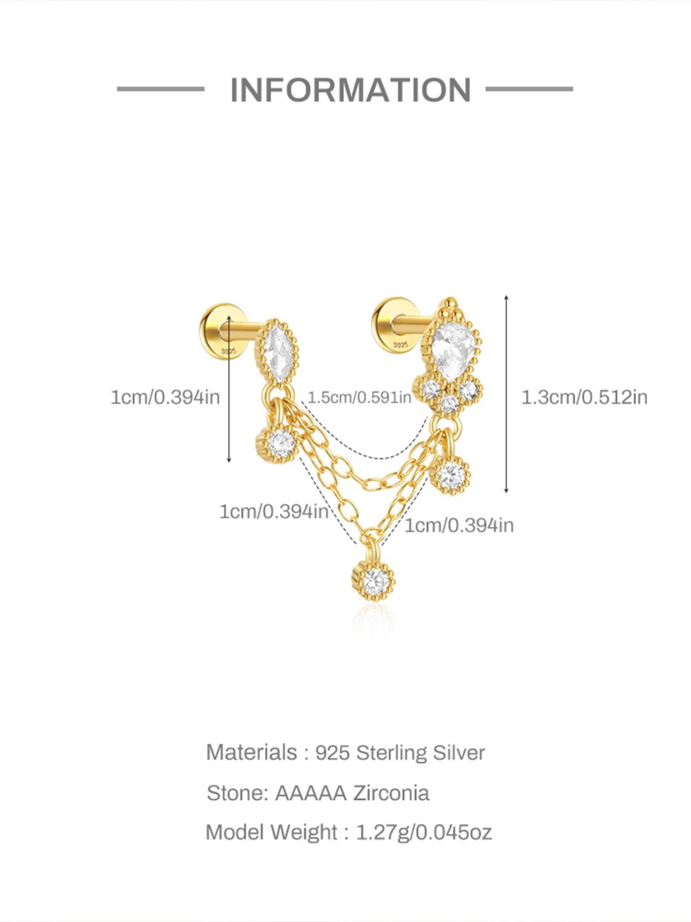 1Pc 925 Sterling Silver Classic Cubic Zirconia Tassel Stud Earrings Hypoallergenic Cz Earrings Cartilage Helix Tragus Lobe Piercing Jewelry Suitable For Women For Daily, Dates, Vacation, Wedding, Party, Holiday Gift