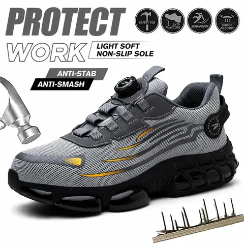 Men's Durable Steel Toe Work Shoes - Puncture Resistant, Slip-On, Lightweight, Breathable Safety Sneakers with Magnetic Elastic Band, Chic Outdoors Footwear for Construction Workers