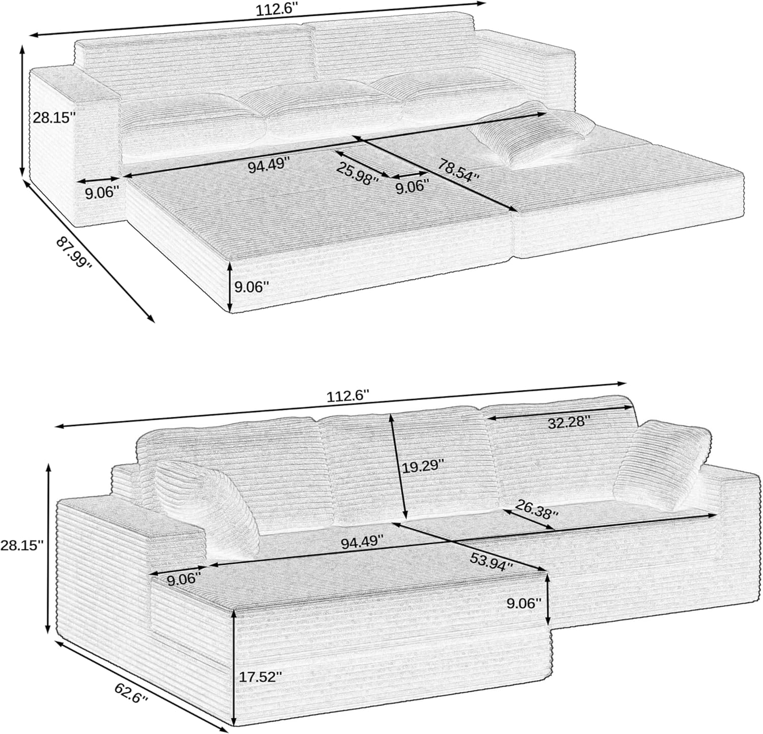 [2 packing delivery] Niccae Left Seat L-Shaped Sectional Sofa, Compressed Corduroy, Modern Minimalist Design,Converts to Bed,Space-Saving&Comfortable,(Ships in 2 Packages)