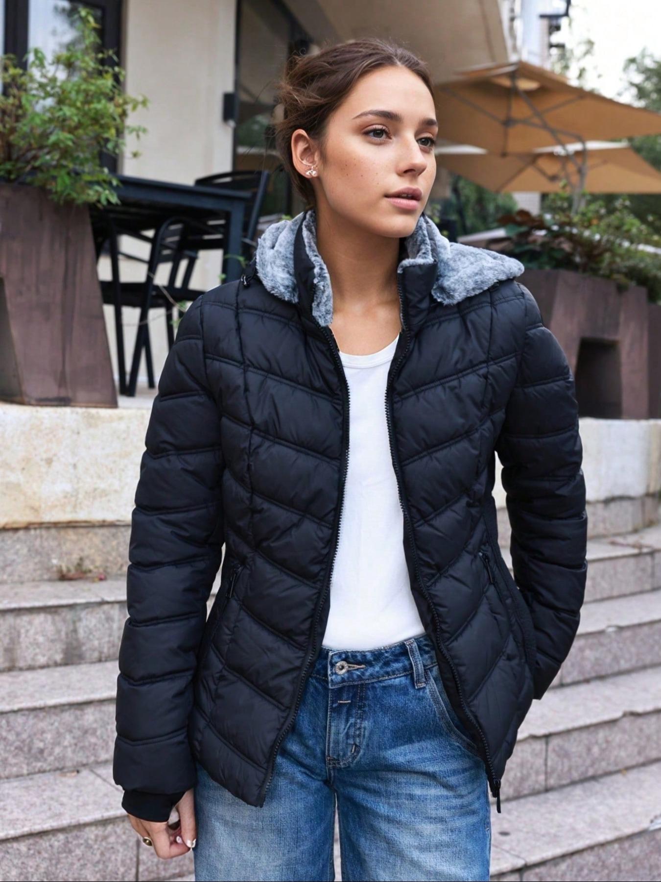 Geschallino Women's Lightweight Fitted Winter Cotton Jacket with Pockets, Casual Fall & Winter Hooded Coat for Daily Commute