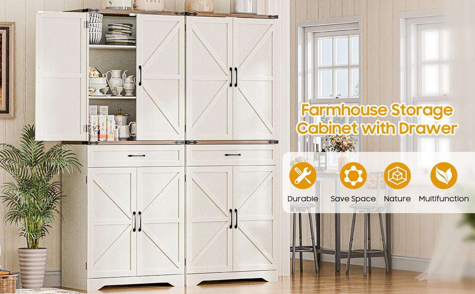 Vabches 72" Tall Farmhouse Kitchen Pantry, Farmhouse Storage Cabinet with Adjustable Shelves, Large Capacity Storage Cabinet with Drawer,Freestanding Cupboard for Kitchen, Dining Room, Living Room