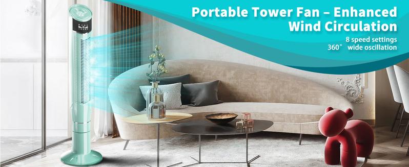Antarctic Star Tower Fan 360°Oscillating Fan Quiet Cooling 24H Timer Remote Control Powerful Standing 8 Wind Speed 3 Wind Modes Ionizer Mode Bladeless Portable LED Display,Bedroom Office 47-Inch Green