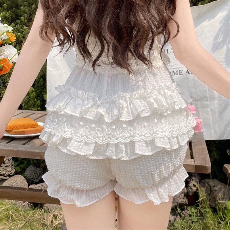 Autumn Winter Warm Lolita Safety Short Pants Women Sweet Chic Plush Bloomers Japanese Y2k Lace Bow Knickers Harajuku Cute Shorts