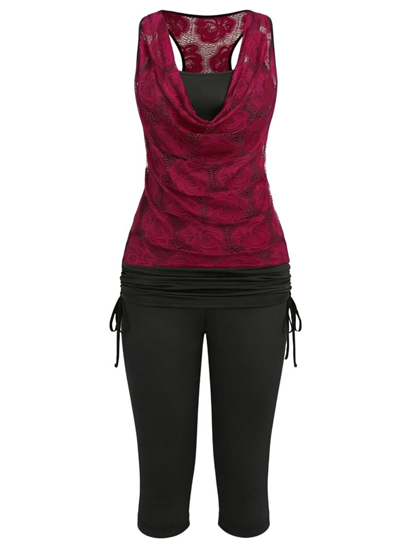 Women’s 2026 Spring New Fashion Two-Piece Set, Slim-Fitting Floral Lace-Panel Sleeveless Top and Shorts, Stylish Casual