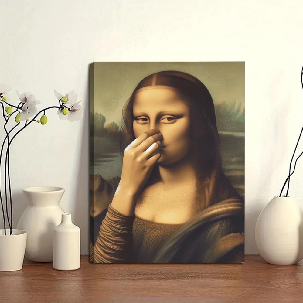 JIT Print Painting, Framed Canvas Wall Art - "Humorous Reimagining of Mona Lisa"  Classic Art with a Twist | Ready-to-Hang Decorative Poster for Office, Kitchen, Living Room, or Bedroom Perfect Gift for Creative Humor Enthusiasts