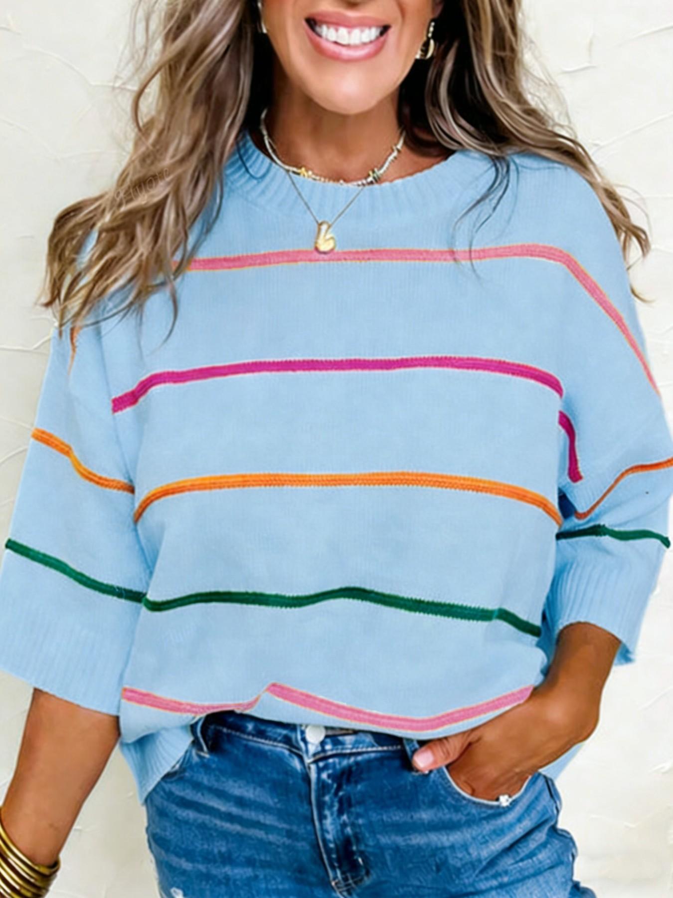 Women's Striped Print Sweater, Casual Short Sleeve Round Neck Jumper for Daily Wear, Ladies Knitwear for Spring & Fall