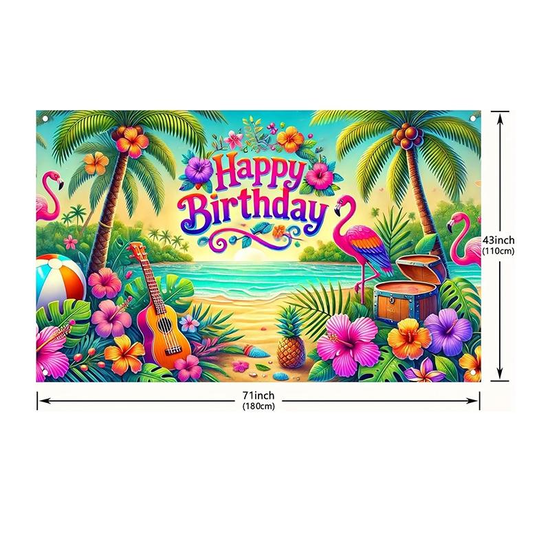 Happy Tropical Birthday, Large Summer Beach Party Banner; Colorful Hawaiian Flamingo Ukulele; Pineapple Hawaiian Party Garden Wall Decor; Indoor Birthday Celebration
