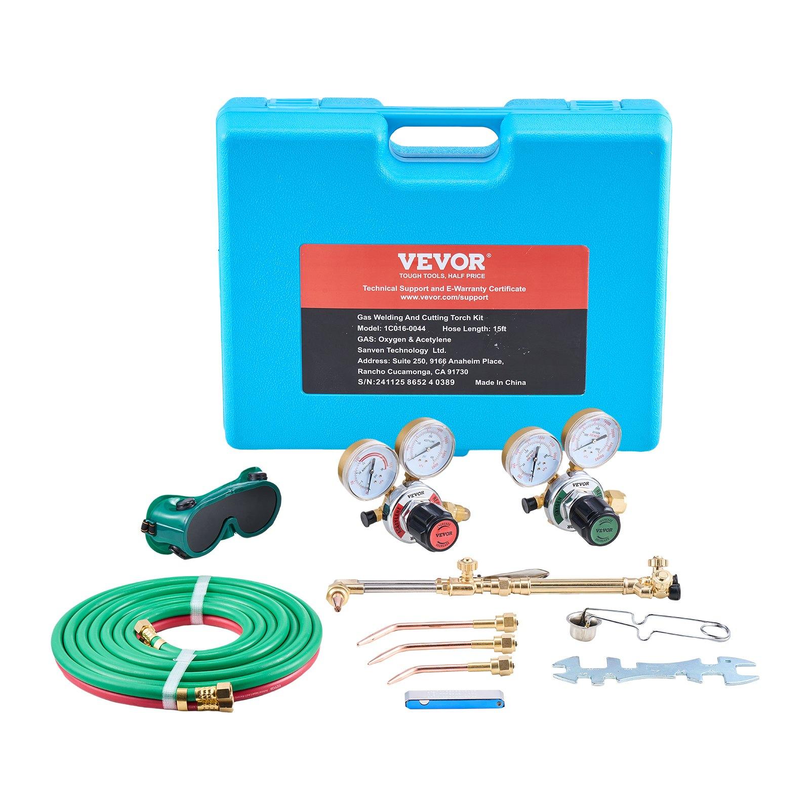 VEVOR Oxygen Acetylene Torch Kit, Gas Welding Cutting Torch Kit, 14PCS Portable Oxy Acetylene Brazing Set with 177'' Long Twin-Hose, Cutting Nozzle, 3 Welding Tips Carry Case (without Gas Cylinder)