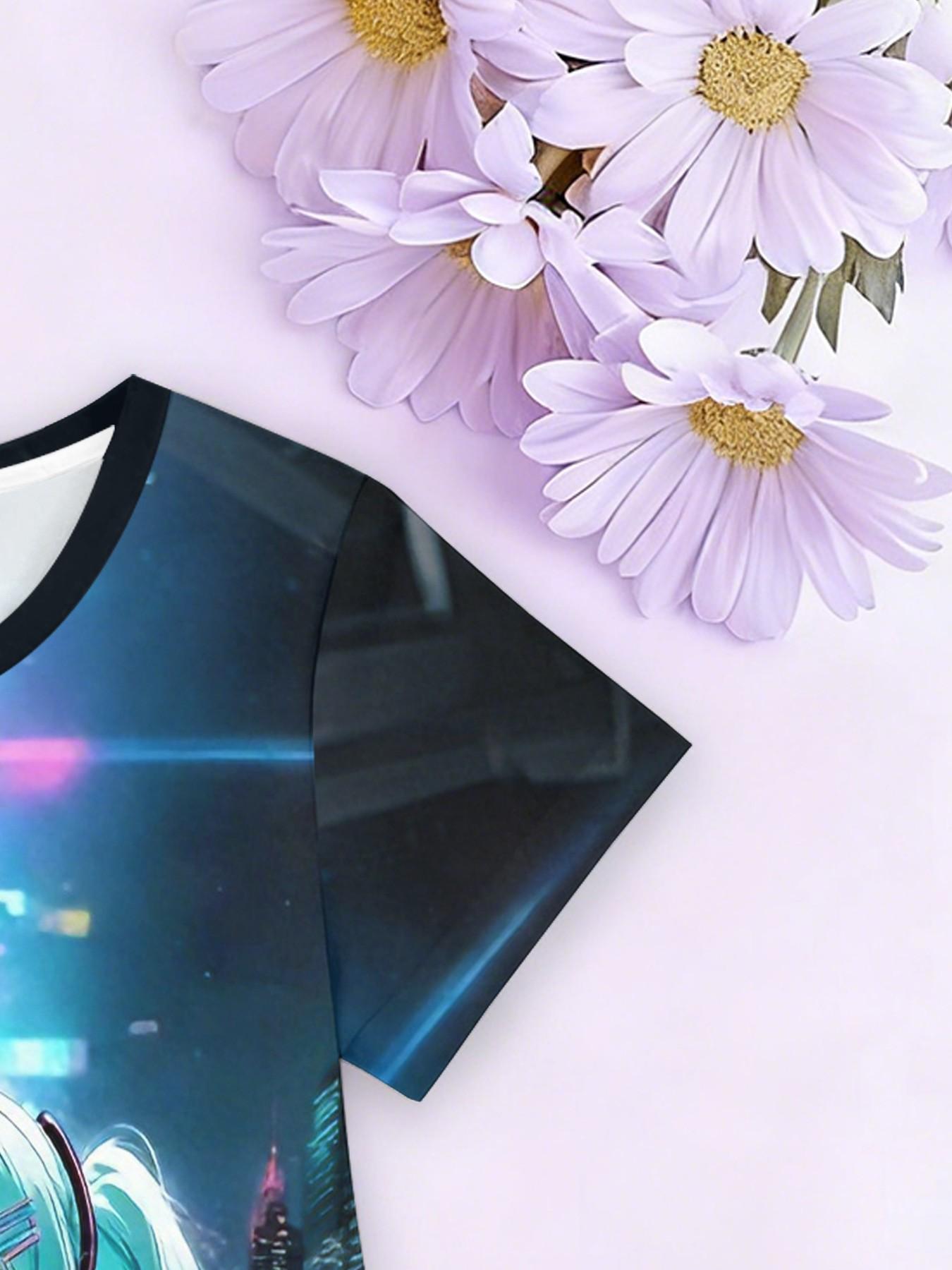 Trendy Girls' Anime Print A-Line Dress, Cute Short Sleeve, Fashionable Outdoor Wear, Perfect Birthday & Holiday Gift