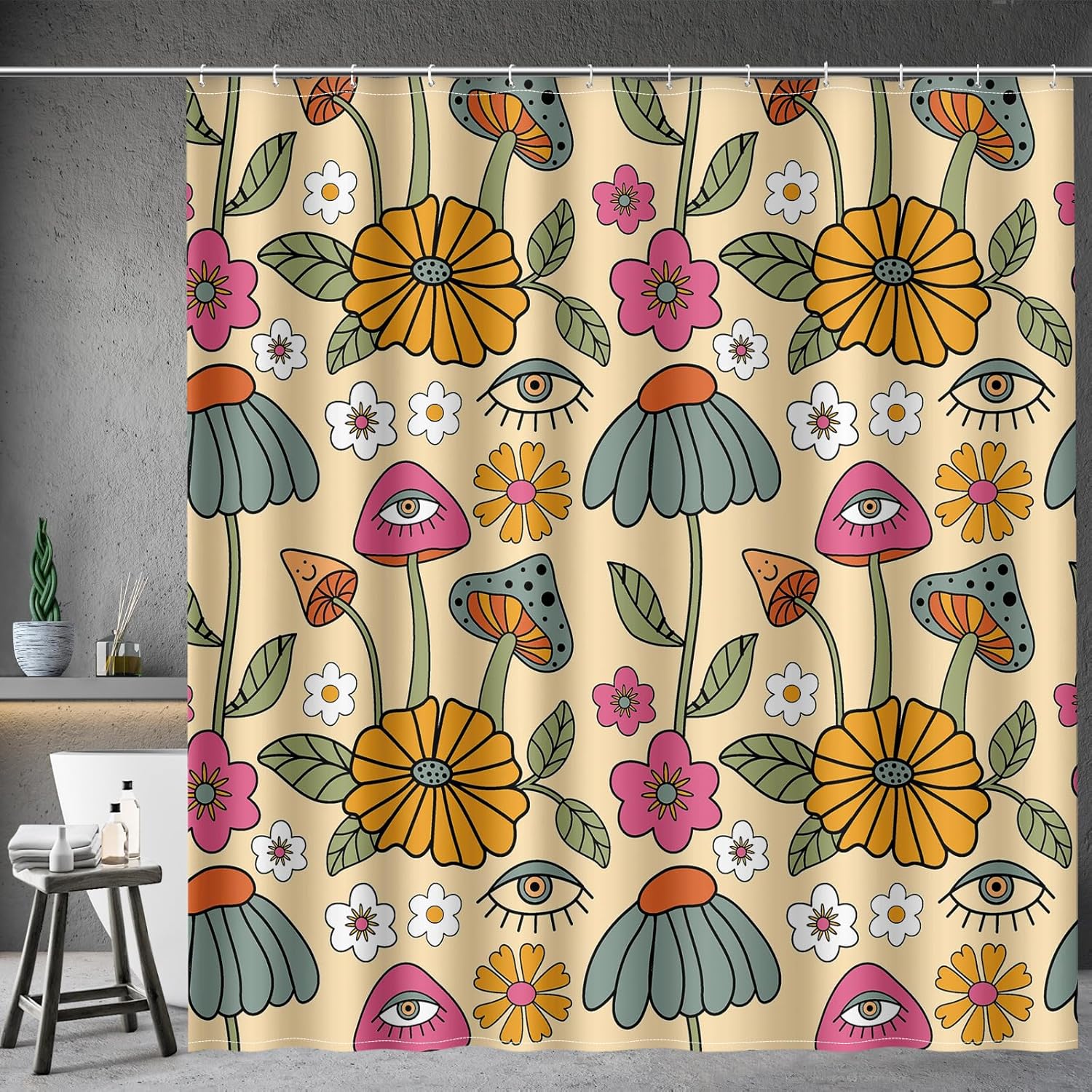Vintage Dark Cottagecore Mushroom Shower Curtain - Retro Botanical Wildflower Print, Waterproof Fabric Curtain with 12 Hooks | Whimsical Gothic Bathroom Decor #showercurtain #mushroom #cottagecore #vintage #botanical #waterproofcurtain  #gothicdecor