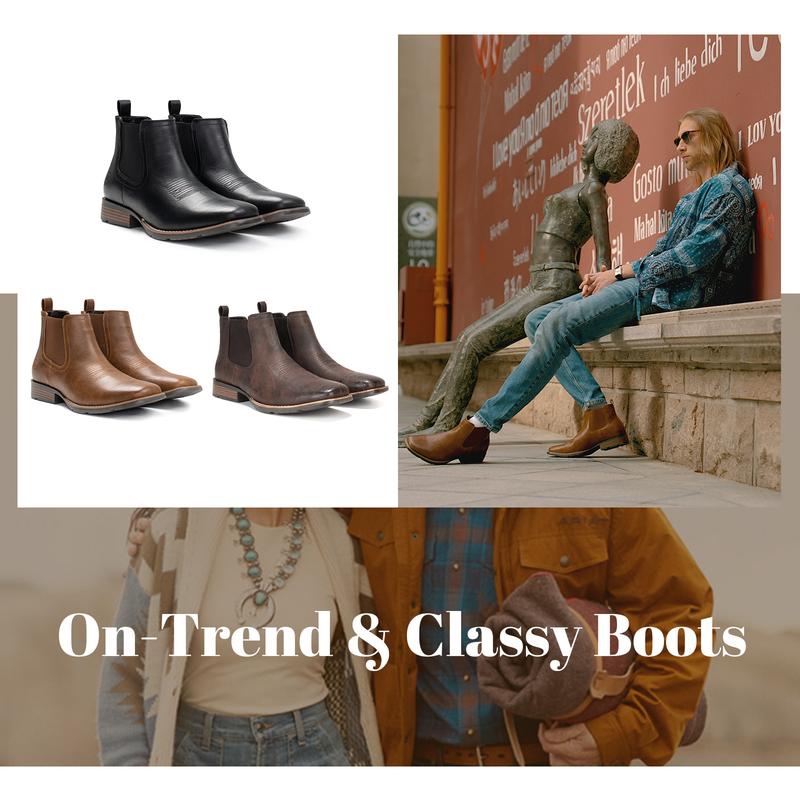 IUV Cowboy Boots For Men| Ankle Boots Western Boot Casual Dress Slip On Chelsea Men Leather Footwear Walking Shoes Black Closed Decor black boots