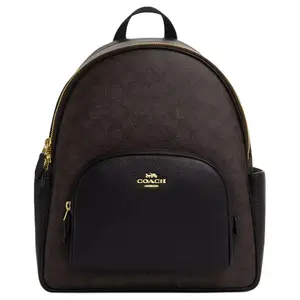 COACH Court 27 Double C Monogram Zip-Top Leather Backpack for Women, Walnut and Black