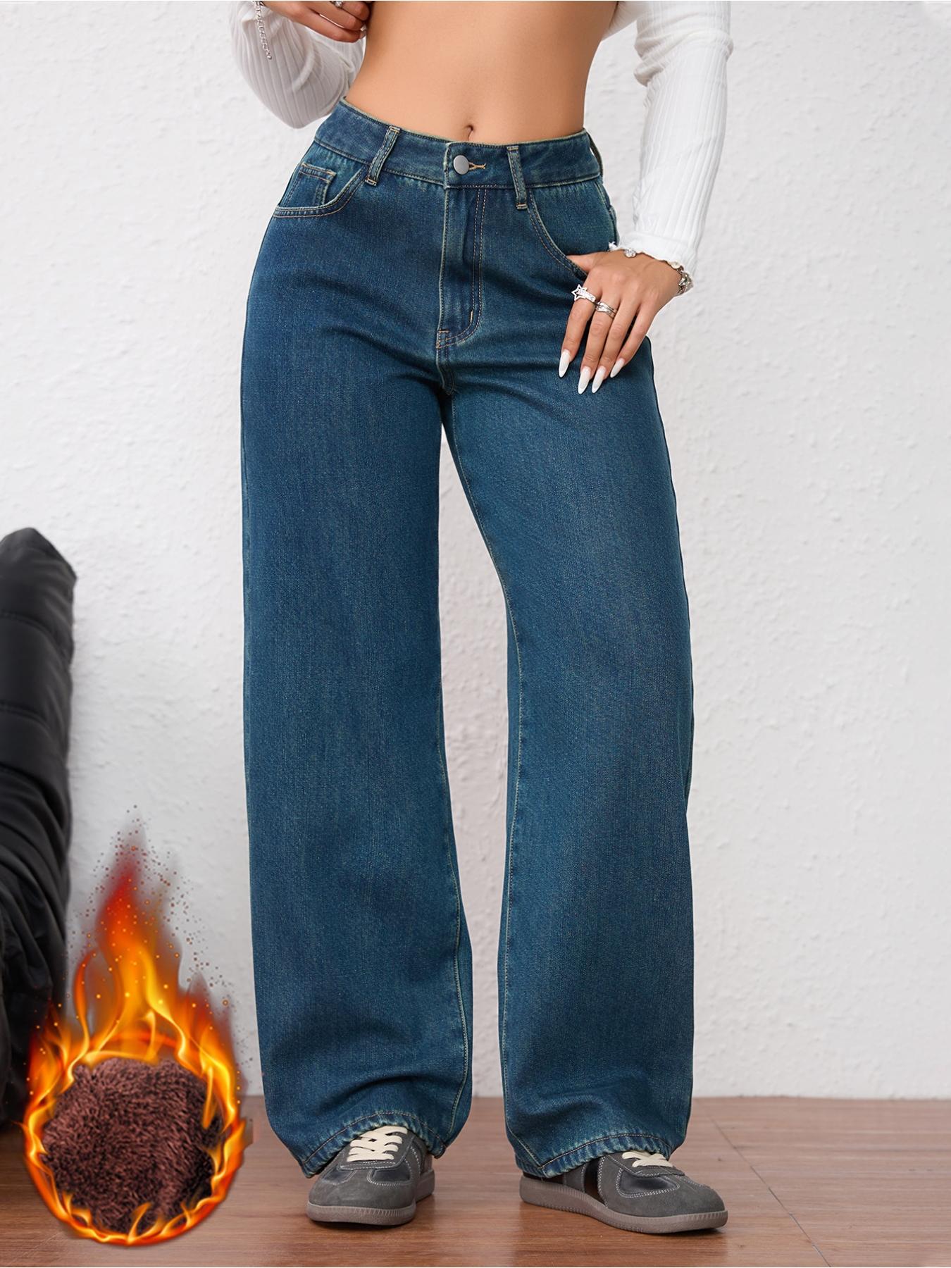 Women's Vintage Fashion Fleece-Lined Thickened Winter Warm Wide Leg Straight Jeans Pants, Elegant Plain Style for Fall & Winter