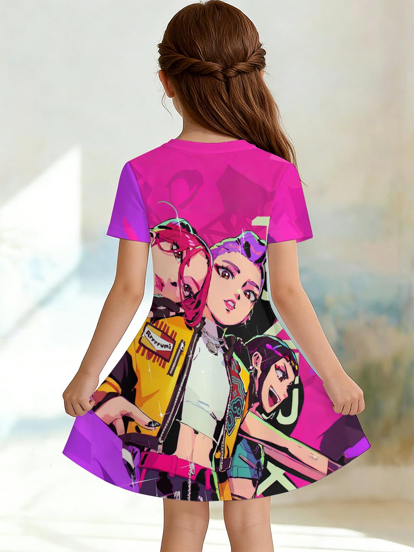 Girls' 3D Short Sleeve Dress, Cyber Graffiti Kpop Full Print Summer Dress, Perfect for Parties, Festivals, Gifts, Birthday Presents