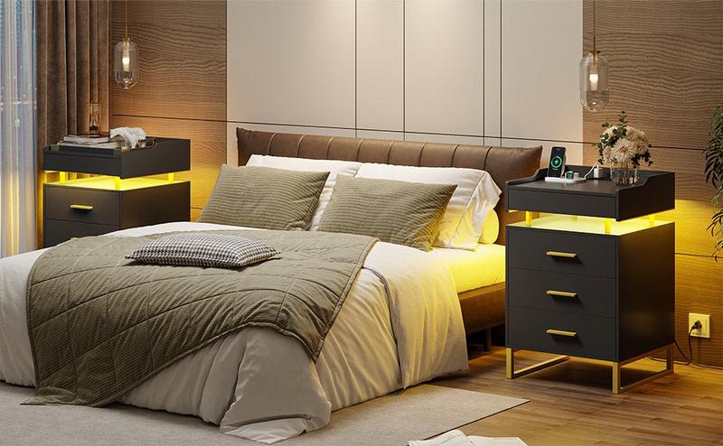 Sikaic LED Nightstand With Charging Station And 3 Drawers And 1 Pull-Out Tray Led Nightstand Furniture Home Table Bedroom