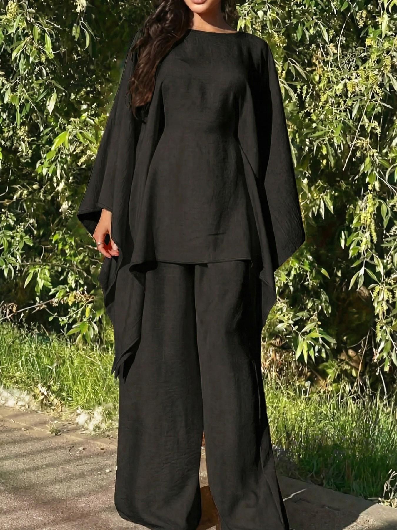 Women's Loose Two-Piece Set, Minimalist Long Hoodie Top + Wide Leg Pants, Casual Natural Style for Spring & Fall Seasons