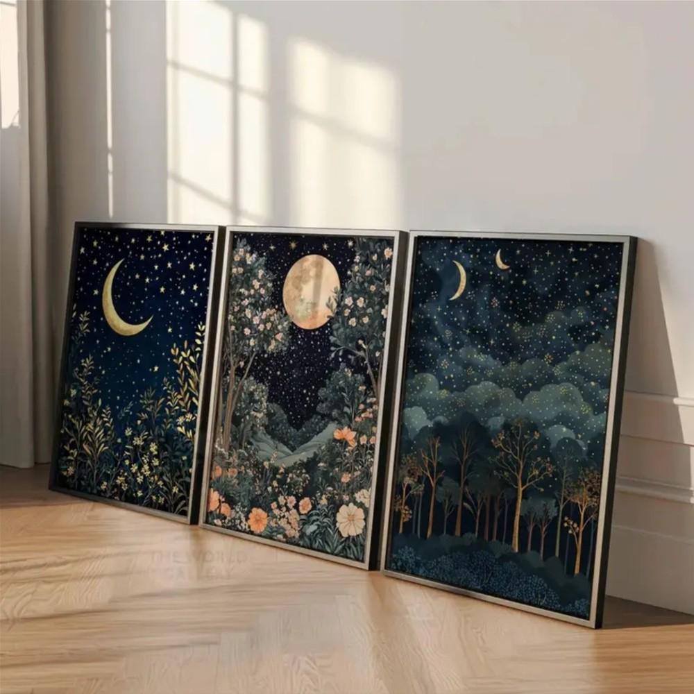 Optional Wooden Frame William Morris Artistic Canvas Art Prints Floral Boho Print 3pcs Gold Decor Decoration Moon Poster Night Sky Botanical Floral Wall Artwork for Bedroom