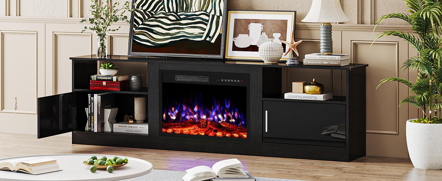 PUKAMI 70" Fireplace TV Stand with 23" Electric Fireplace for TVs Up to 80 inch, Modern LED Light Entertainment Center with High Gloss Storage Cabinet, Media TV Consoles for Living Room