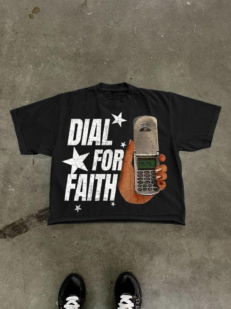 Men's Cotton T-Shirt, Short Sleeve, Phone & Star Print, Loose Fit, Casual Style, Summer Fashion, Outdoor Sports Streetwear