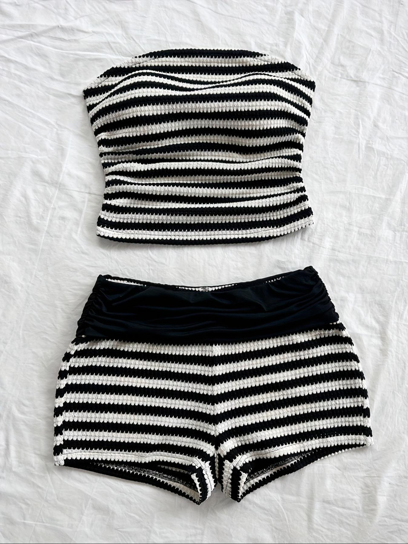 Two-piece Set Women's Striped Print Tube Top & Shorts, Casual Top & Shorts for Beach Vacation Holiday, Ladies Two-piece Outfits for All Seasons, Clothes, Womenswear, Summer Sleep Set