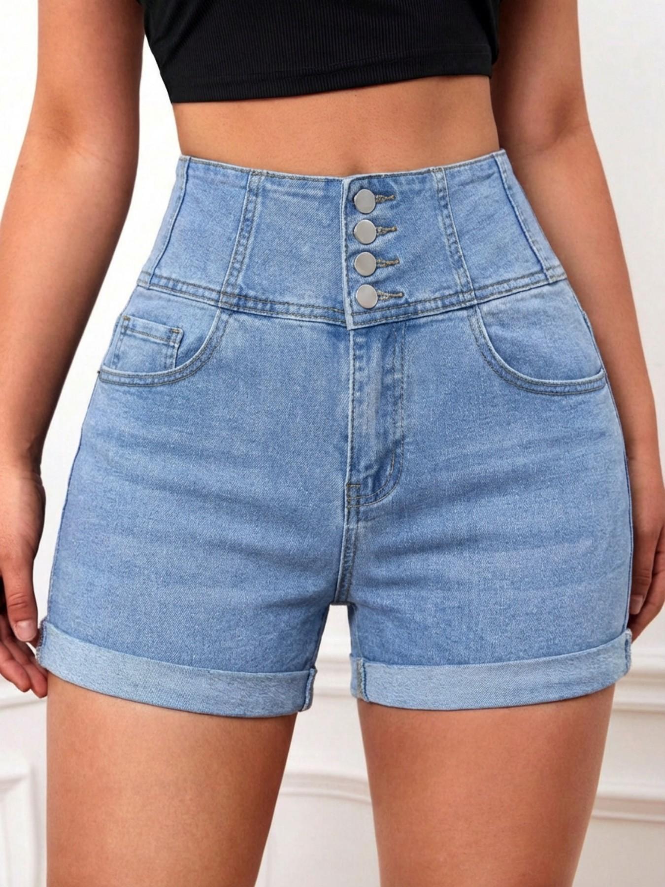 Women's High Waist Denim Shorts, Casual Comfy Button Fly Skinny Shorts for Daily Wear, Ladies Bottoms for All Seasons