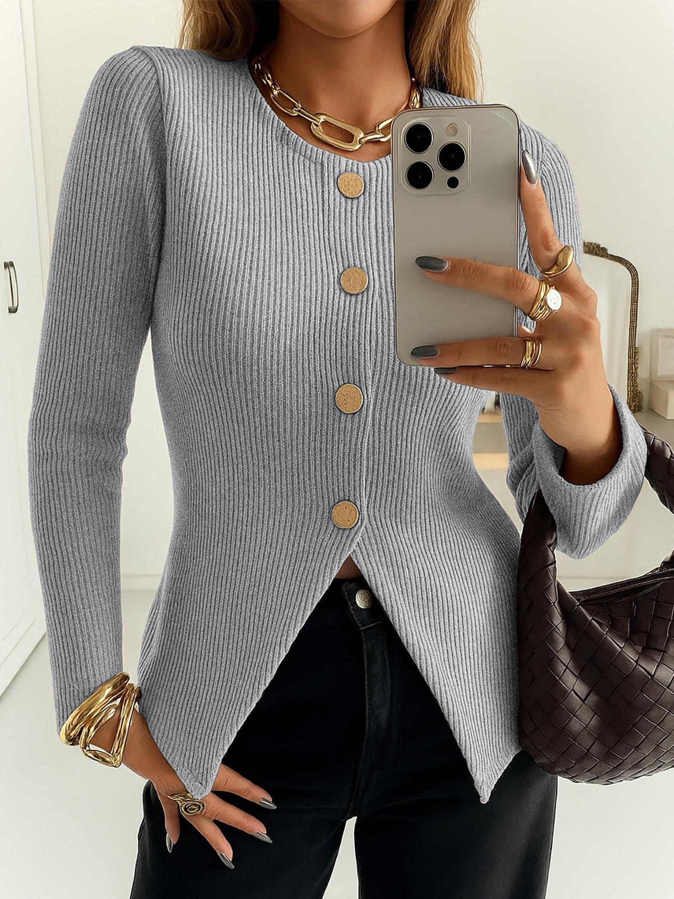 Women's Casual Elegant Ribbed Knit Button Long Sleeve Top, Fitted Plain Design, All Season Wear, Moderate Fabric Thickness, Knitwear