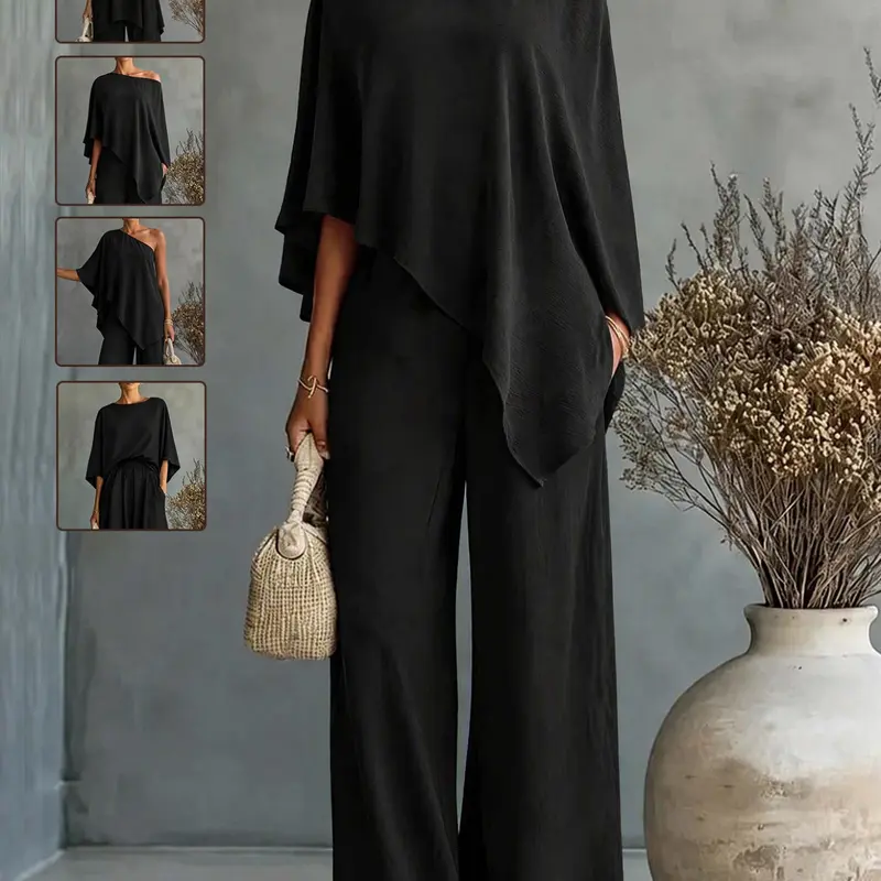 Women's Elegant Plain Two-Piece Set, Fall Asymmetrical Cape Top with High-Waisted Wide-Leg Pants, Casual Loose-Fit Fashion