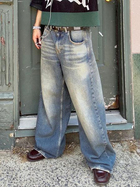 Men's Loose-Fit Ombre Denim Jeans, All-Season Street Style, Zipper Fly Closure, Moderate Fabric Thickness, Vintage Y2K Design, Streetwear