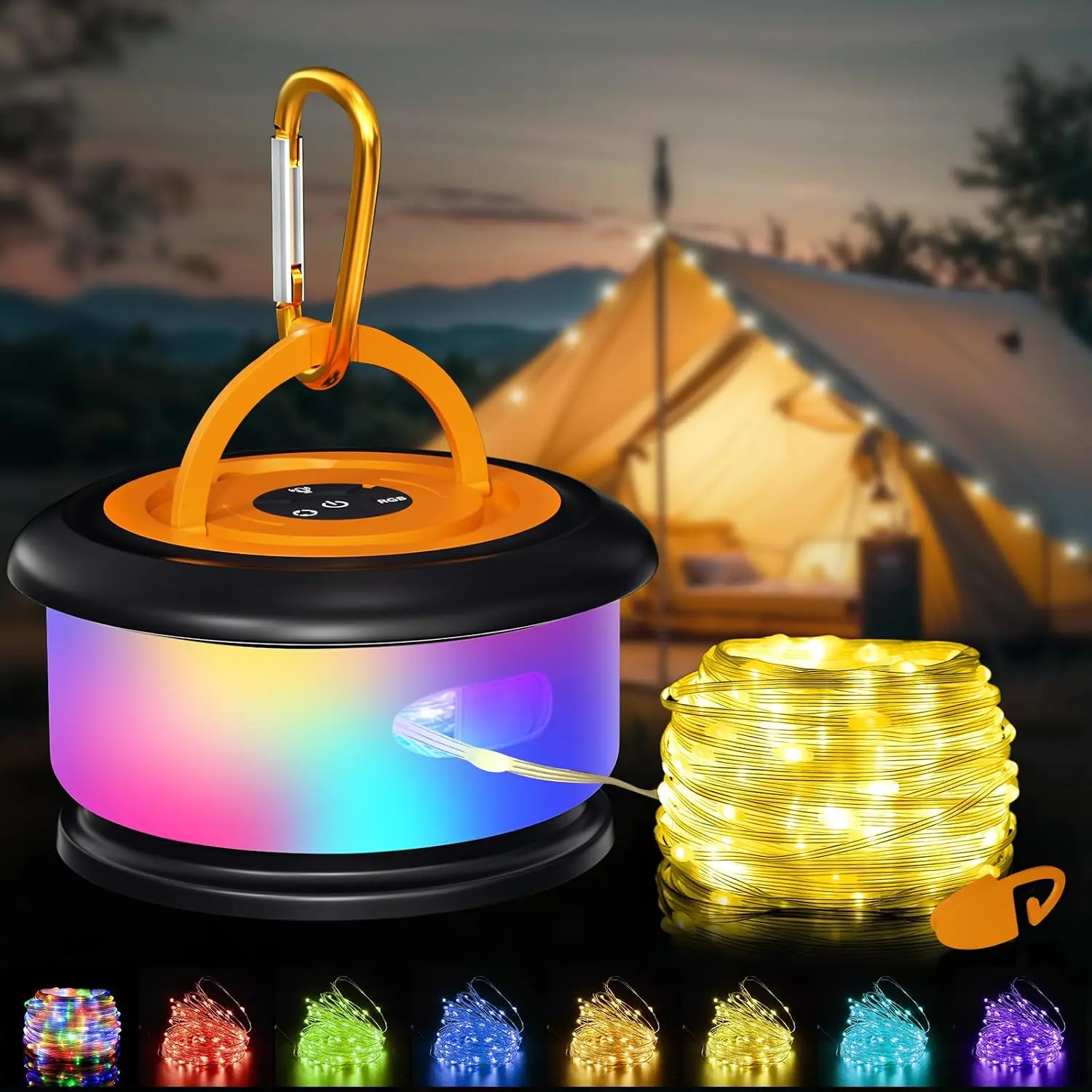 Camping String Lights, Rechargeable LED Outdoor String Lights with RGB Modes, Portable Fairy Lights for Tent, RV, Patio and Garden Decoration