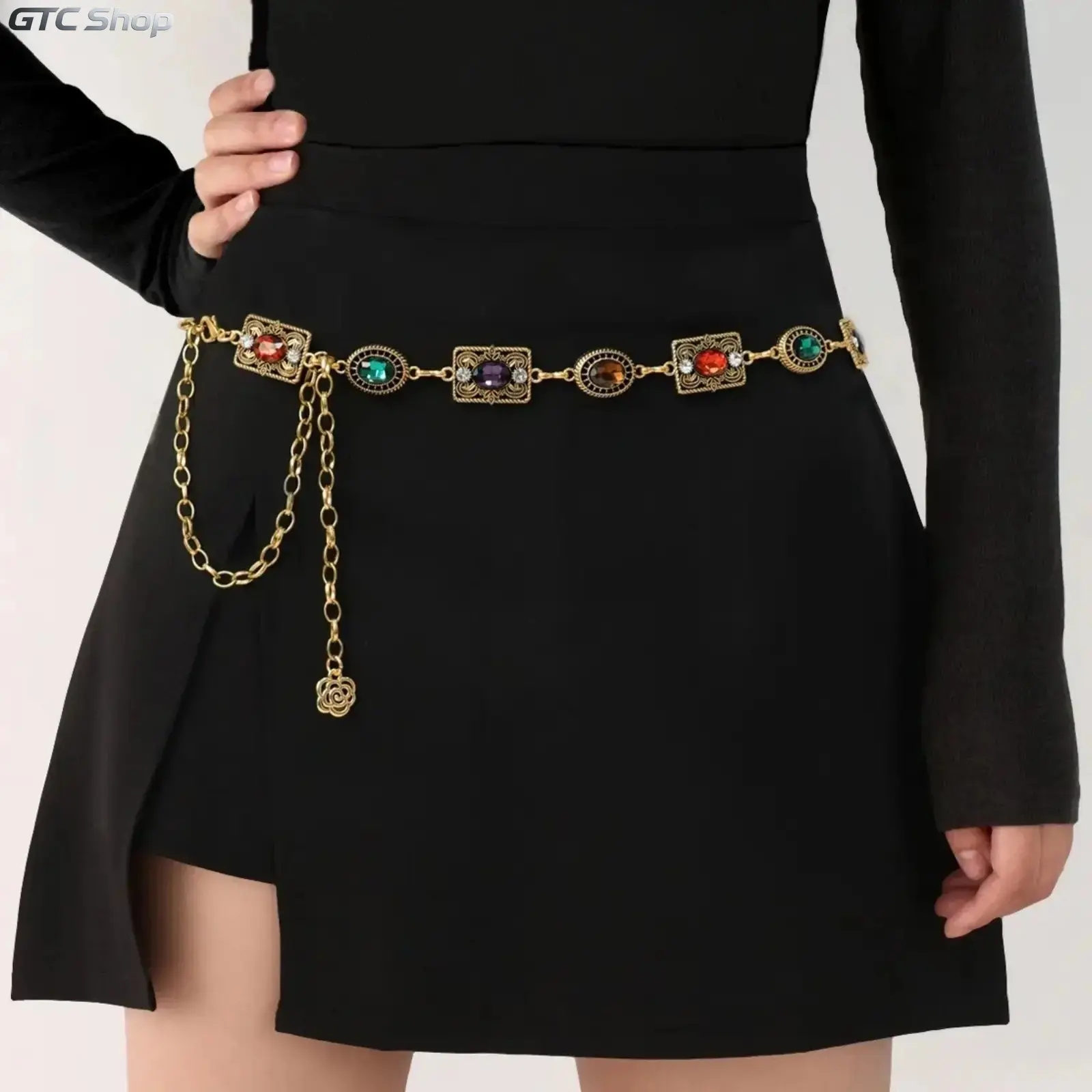 Vintage Oval Rhinestone Waist Chain for Women, Engraved Metal Body Jewelry, Sparkly Chic Fashion Accessory, Trendy Body Chain for Vacation, Night Out, Party & Beach Styling