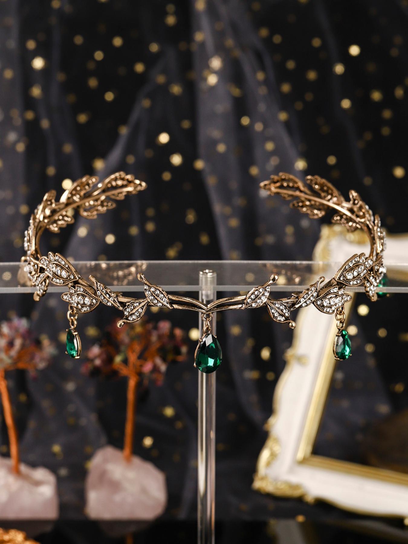 Vintage Creative Alloy Rhinestone Leaf Water Drop Pendant Headpiece Crown, Adjustable Bridal Party Accessory, Holiday Gift