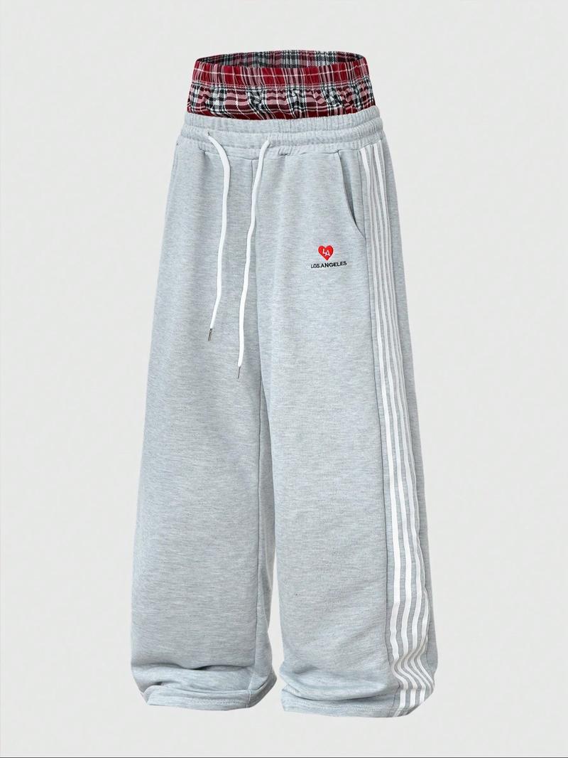 LA Heart Graphic Gray Wide-Leg Joggers | Plaid Waistband Striped Pants – City Aesthetic! Comfy Fleece Fabric, Retro Sporty Fit Perfect for #OOTD, #StreetwearVibes, #Y2KRevival. Stylish for Brunch, Hangouts or Casual Days – Bold LA-Th Wide Sweatpants