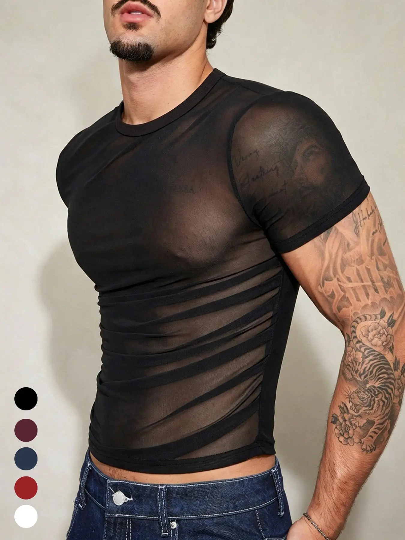 Translucent Mesh Short Sleeve Top, Side Pleats Slim Fit, Stretchy Fabric, High Waist Design, Spring & Fall Casual Wear, Streetwear