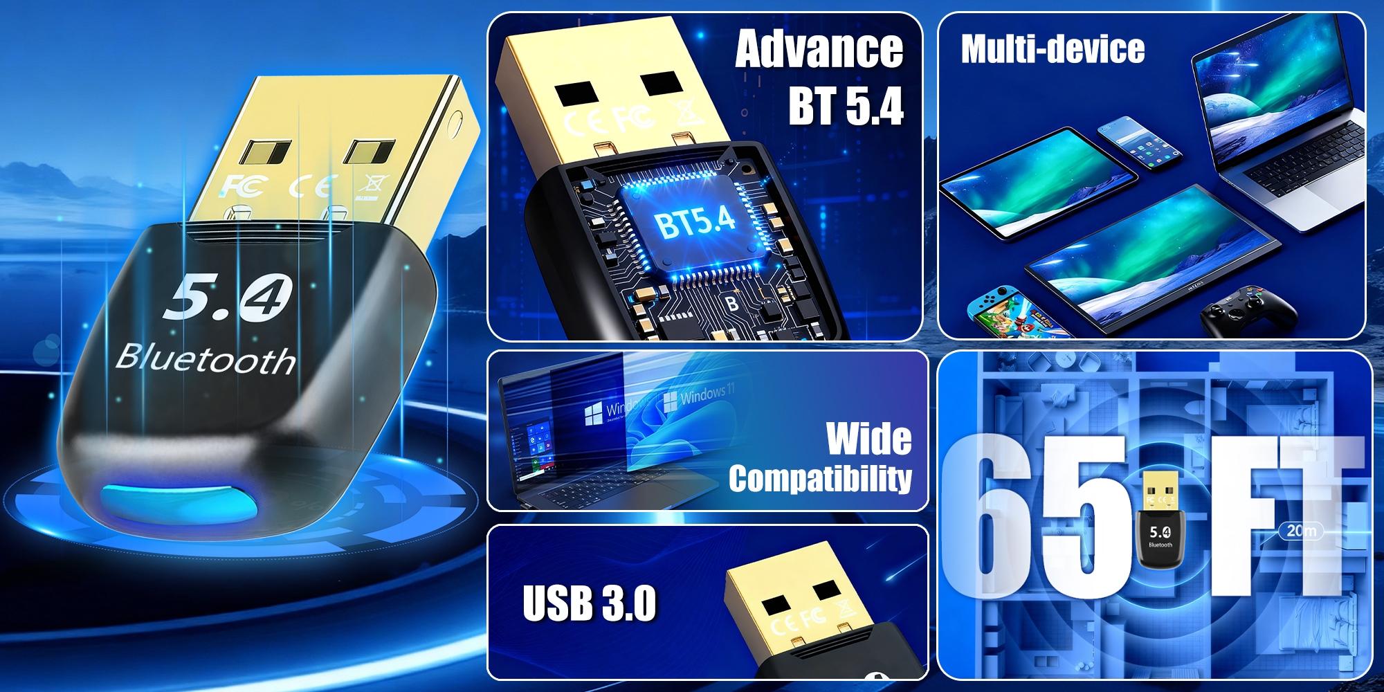 Bluetooth Adapter for Desktop PC, Bluetooth-compatible 5.4 Encryption Dog Receiver, Plug-And-Play, Supports Keyboard/mouse/earbuds/speakers, Windows 11/10/8.1/7