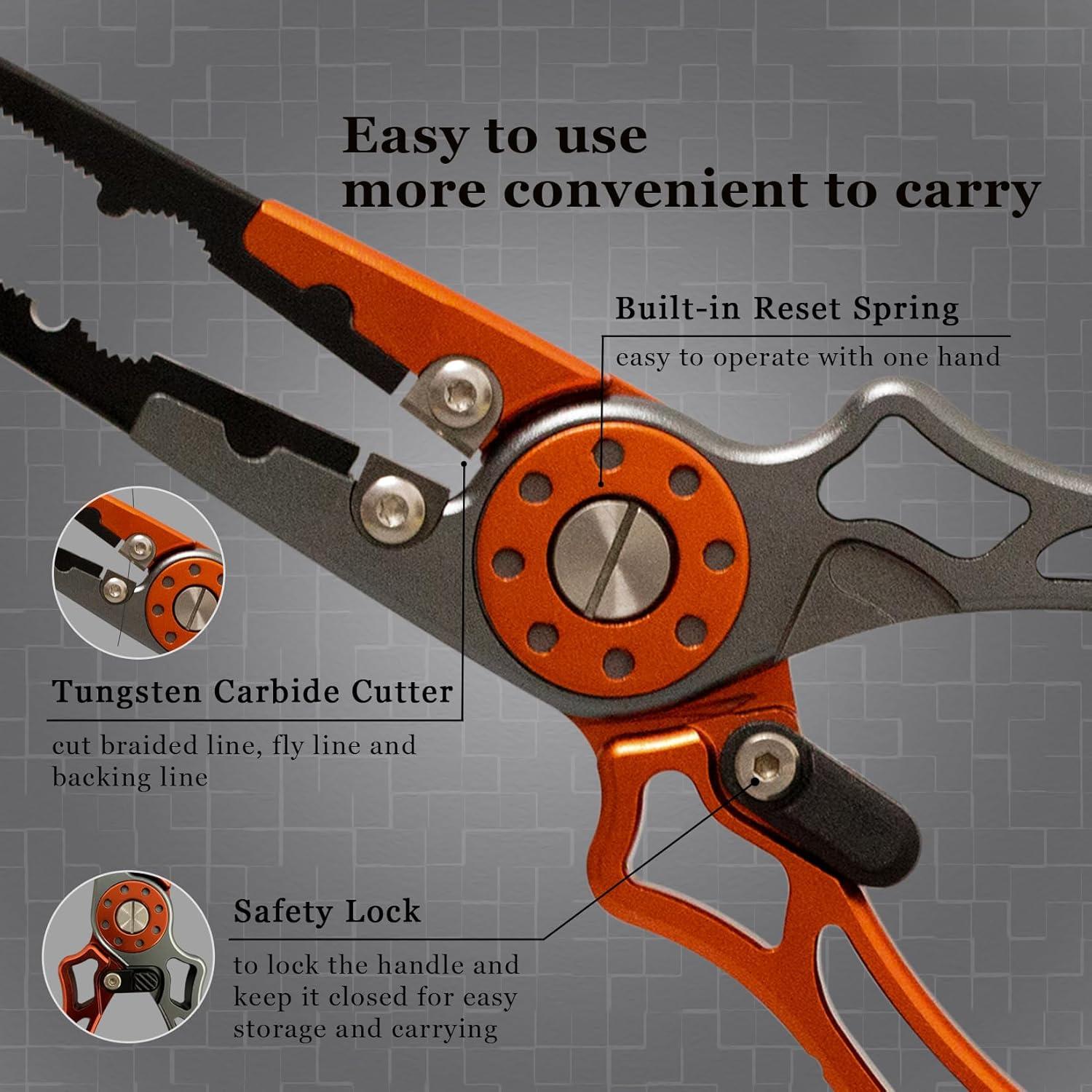 Fishing Pliers, Multi-Function Split Ring Plier Gear, Saltwater Resistant Teflon Coated Locking Hook Remover Cutter, Stainless Steel Top & Aluminum Body Tool Kit Tackle Set for Bass